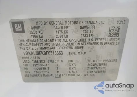 2015 GMC Terrain Sle-1 z USA, uszkodzony, nr VIN 2GKALMEK8F6313363